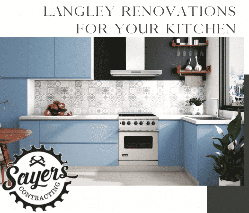 Modern kitchen renovation in Langley featuring light blue cabinets, a patterned tile backsplash, stainless steel appliances, and open wooden shelves, with Sayers Contracting branding and text overlay promoting kitchen renovations.