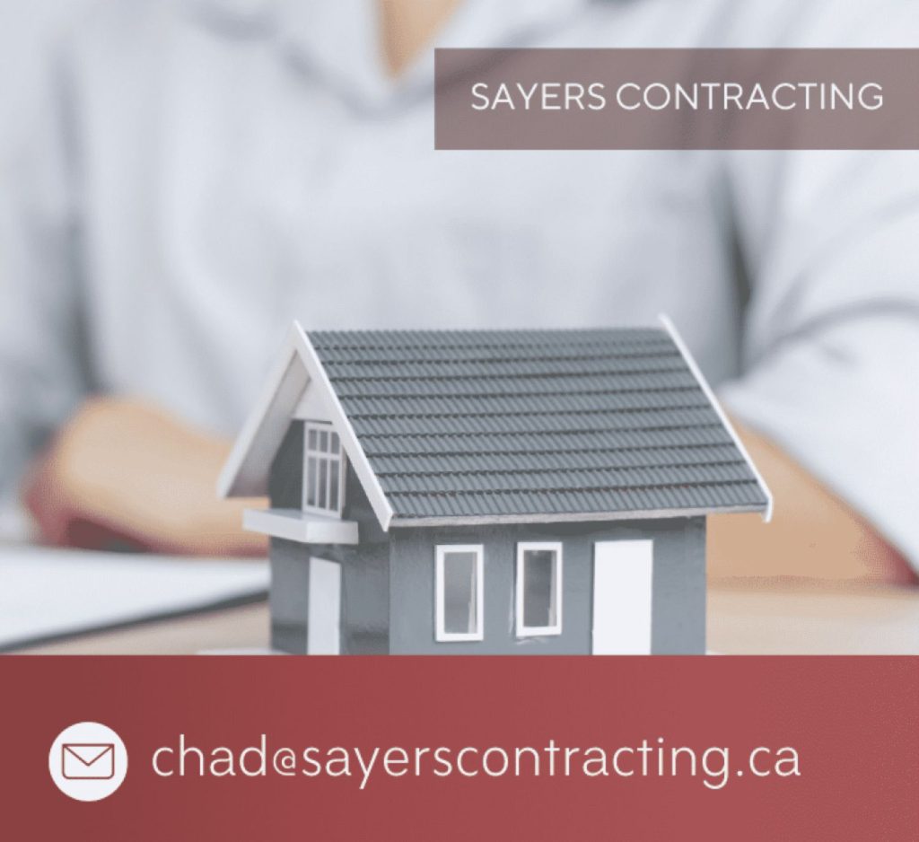 Sayers Contracting contact information with a miniature house model in the foreground and email address for inquiries.