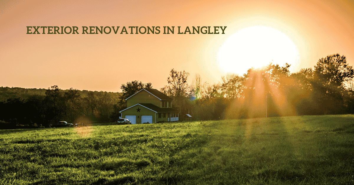 Beautiful rural home at sunset with a lush green lawn, showcasing exterior renovations in Langley, with promotional text overlay by Sayers Contracting
