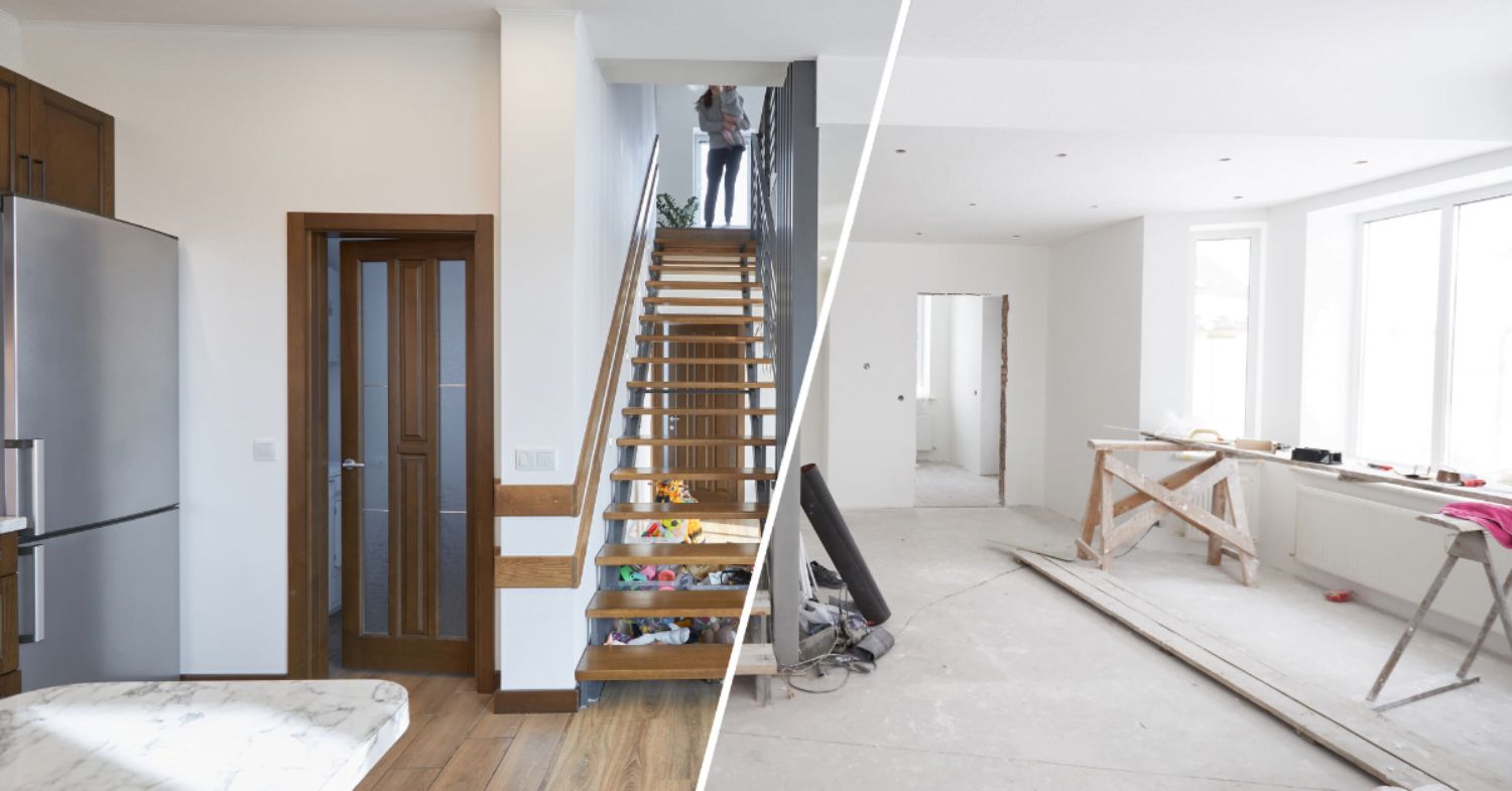 Side-by-side comparison of a home before and after renovation, showing a modern finished interior next to a space under construction.
