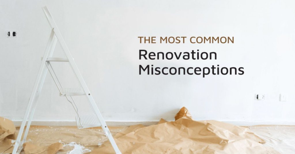 Home renovation in progress with a white ladder, partially painted wall, and protective floor covering. Text overlay: 'The Most Common Renovation Misconceptions'.